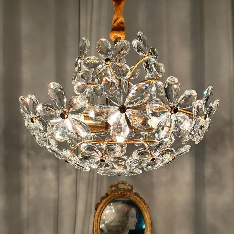 lustre plafond rétro fleur cristal led luxe décoration - vue 5 sur 9