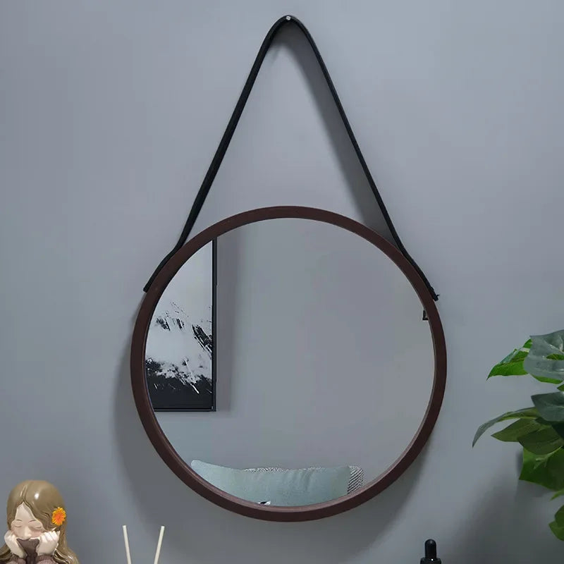 miroir mural rond avec bordure en bois épais - vue 4 sur 7