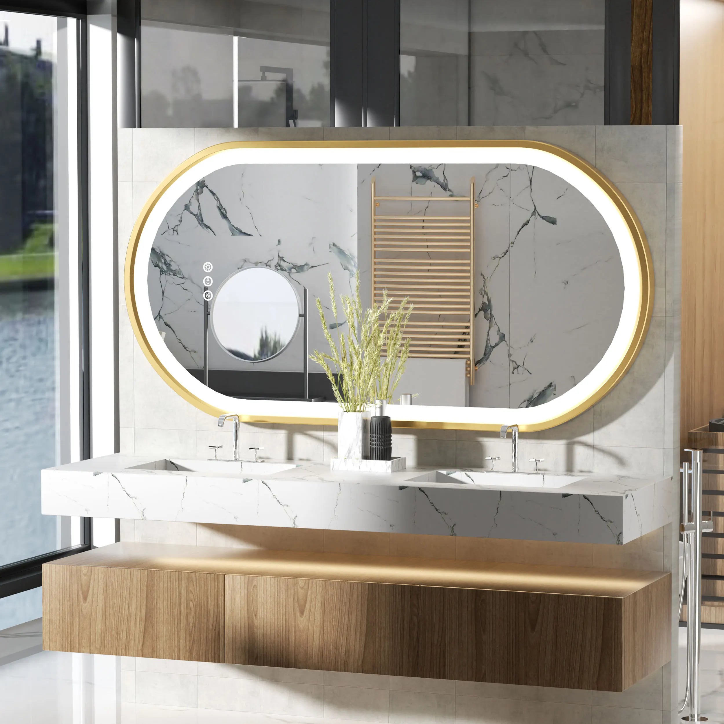 grand miroir oval à led avec éclairage intensité variable et antibuée - vue 2 sur 8