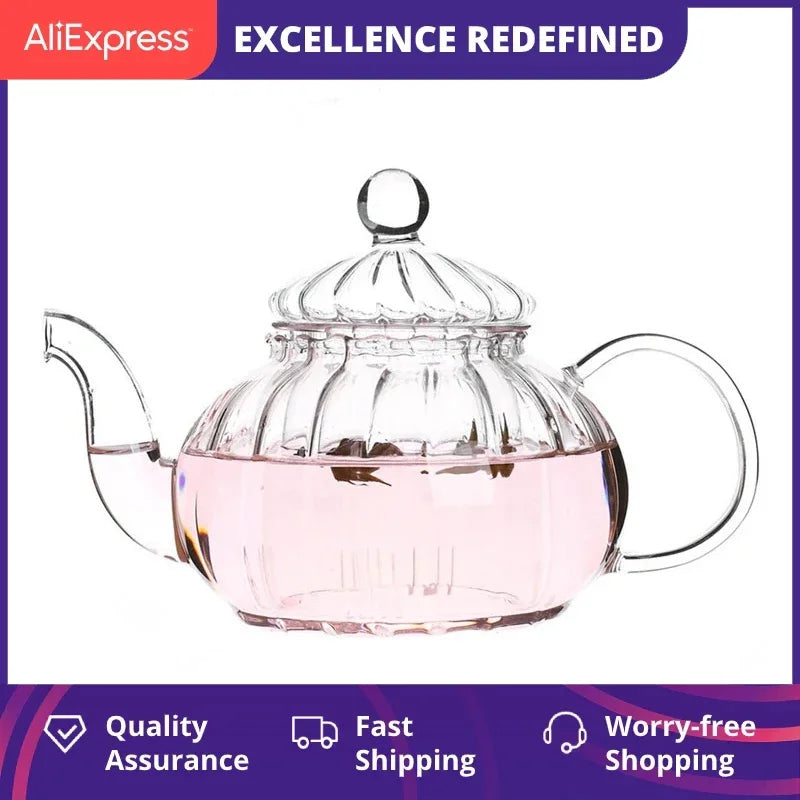 Théière citrouille fleurie rayée verre avec infuseur - vue 2 sur 7