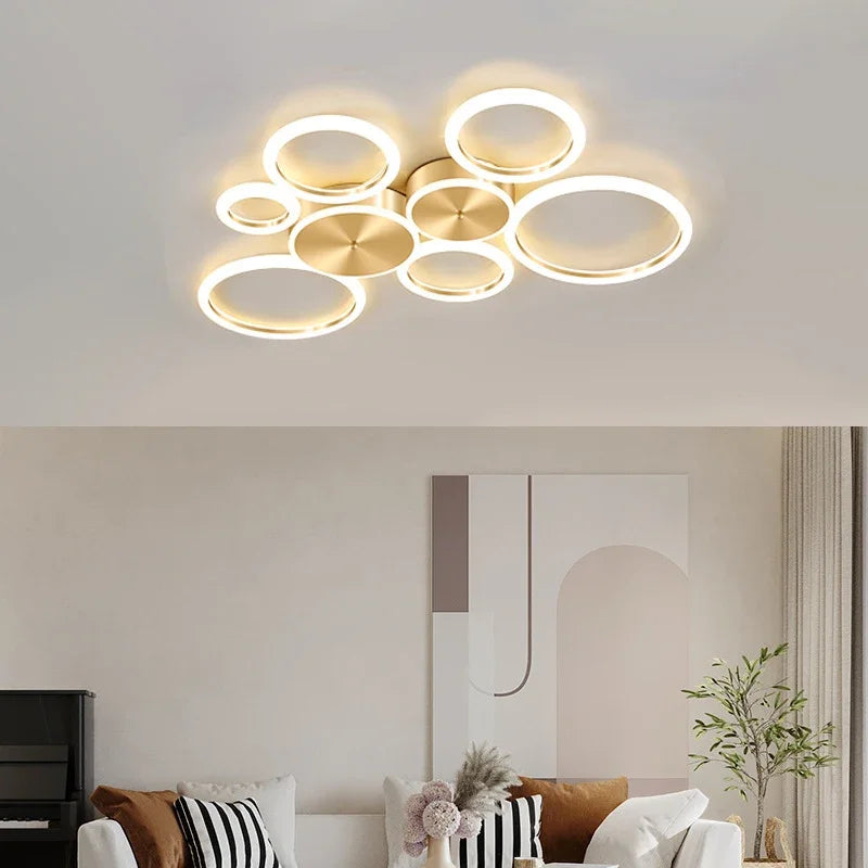 Plafond moderne à LEDs lustre en aluminium Simple plafonnier pour salon chambre salle à manger cercle anneaux plafonnier doré