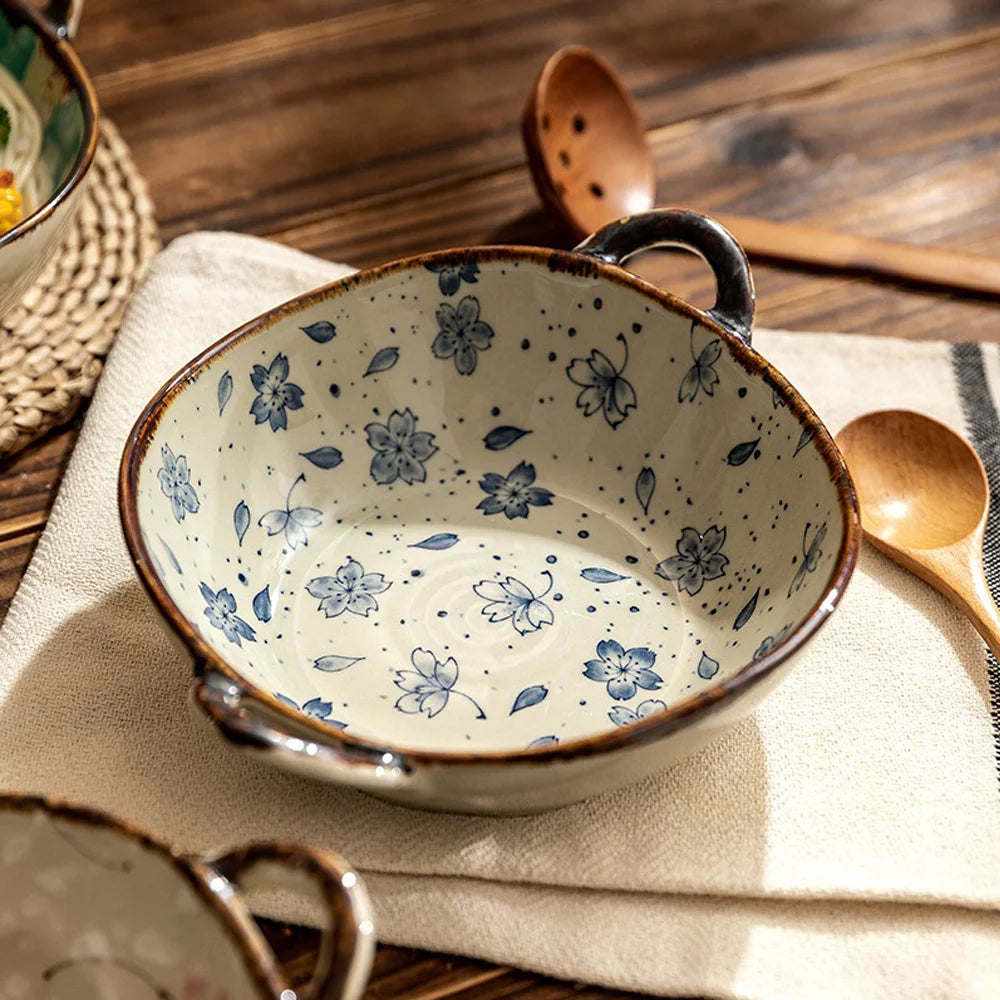 Bol japonais en céramique avec anse motif floral - vue 6 sur 7