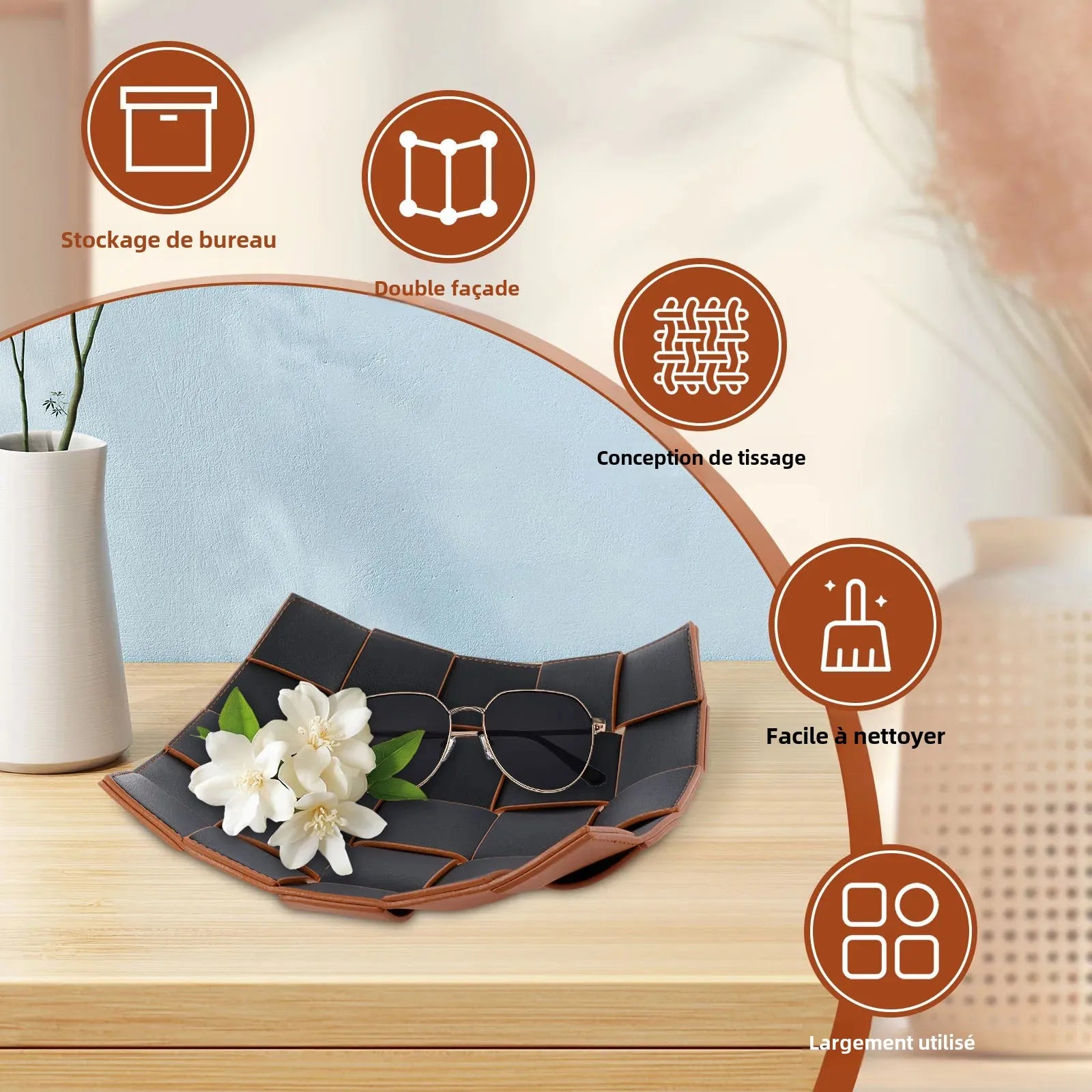 plateau de rangement en cuir pour clés et objets divers - vue 5 sur 10