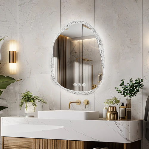 miroir à led irrégulier avec cadre en verre rétroéclairé réglage 3 couleurs