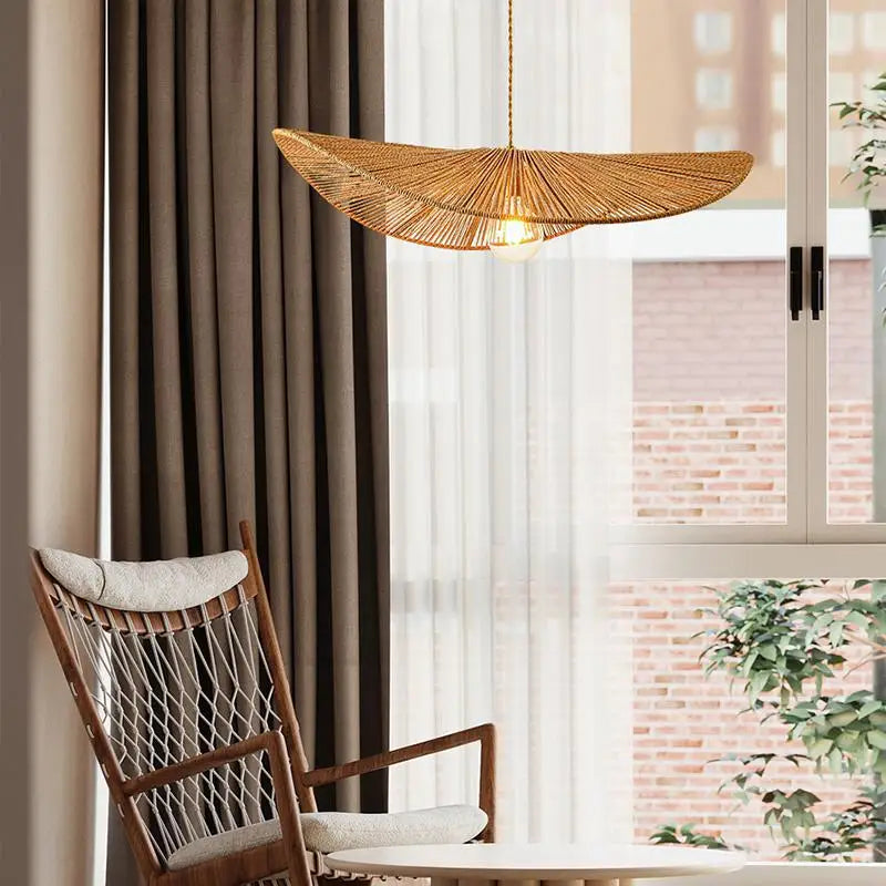 lustre en paille tissé style japonais pour décoration intérieure - vue 3 sur 7