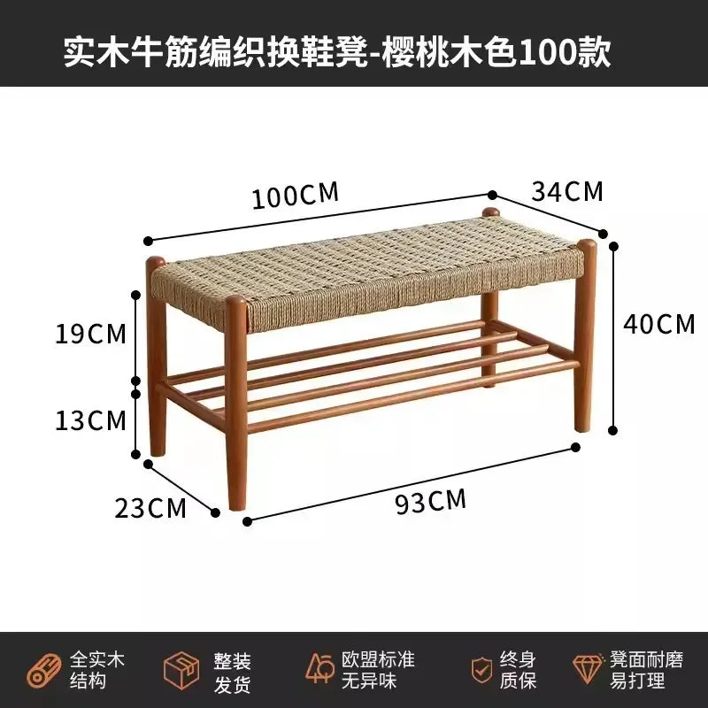 tabouret à chaussures en bois massif tressé en rotin style rétro moderne - vue 8 sur 9