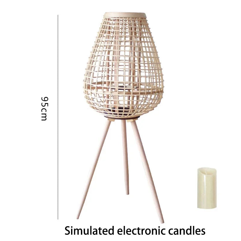 lampadaire en rotin avec chandelier et bougie électronique décorative - vue 15 sur 18