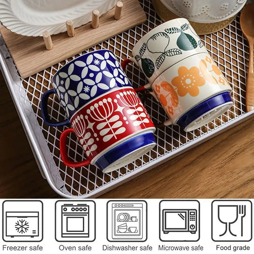 Ensemble tasses café japonaises motif floral rétro céramique