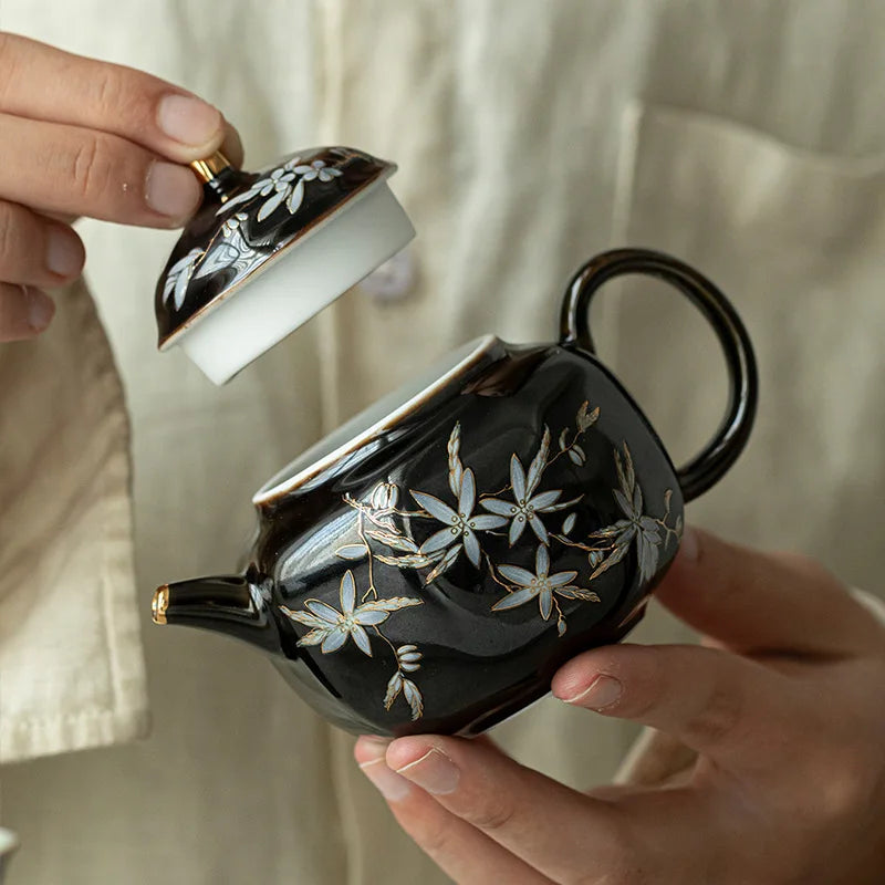 Théière chinoise rétro céramique kungfu motif floral abricot - vue 5 sur 7
