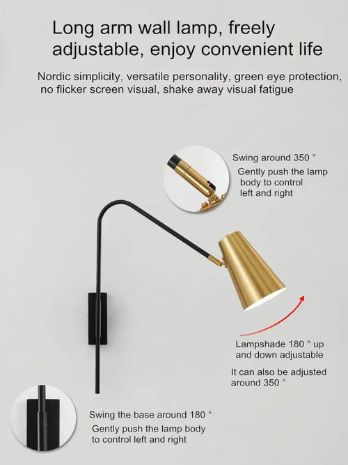 Minimally Adjustable Bedroom Bedside Wall Lamp, Long Arm Dining Room Wall Lamp, Nordic Long Pole Industrial Style Swing Arm Lamp - vue 6 sur 12
