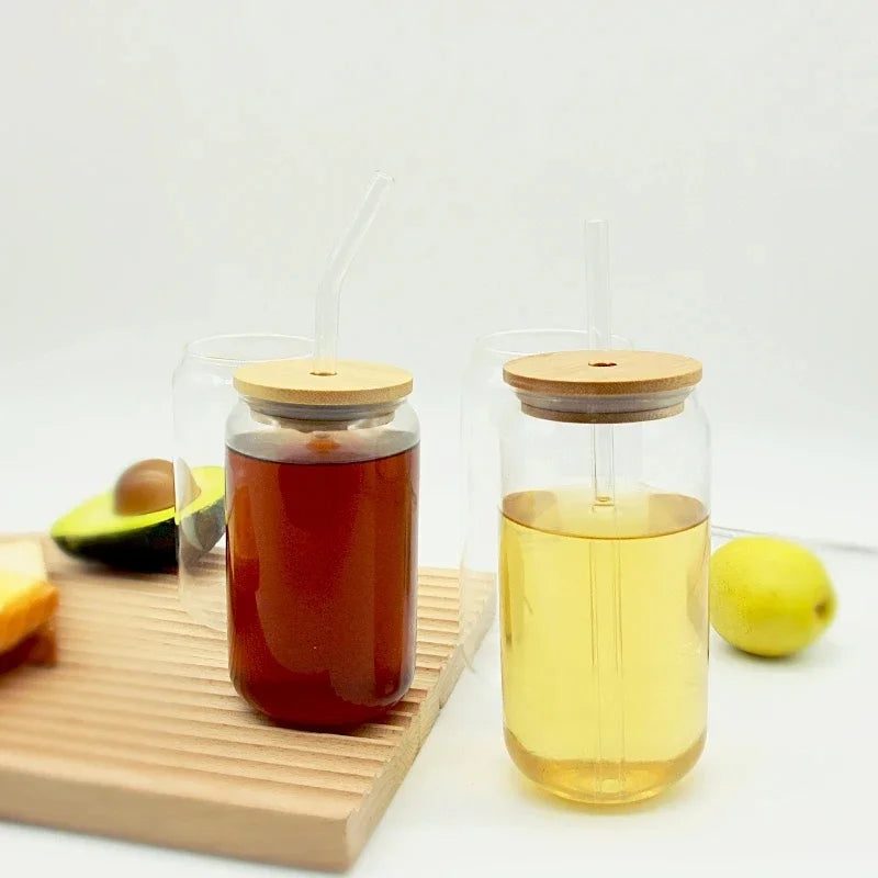 Tasse verre canette couvercle bambou paille borosilicate - vue 4 sur 7