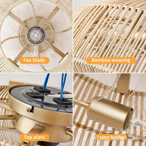 plafonnier ventilateur industriel avec lumière en bambou - vue 6 sur 7