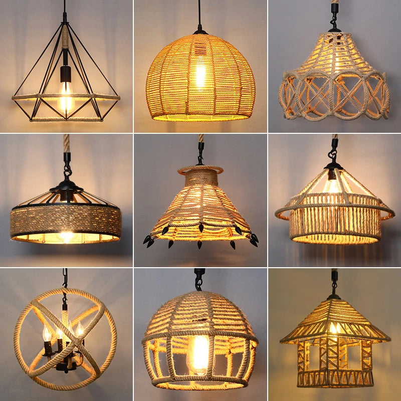 Sisal chanvre corde suspension plafonnier Lustre suspendu Lustre fer main tressage rustique rétro pour salle à manger décor - vue 2 sur 28