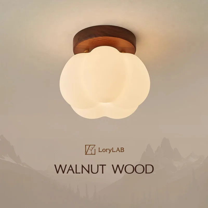 Walnut Wood Roll Molded Pumpkin, Wabi Sabi Modern, Flush Ceiling light fixture for Entrance Hall, Corridor, Balcony, Entrance - vue 2 sur 10