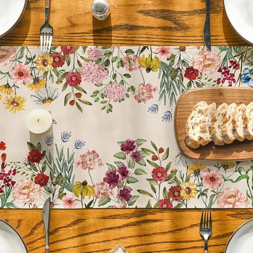 Chemin de table en lin motif fleurs papillons