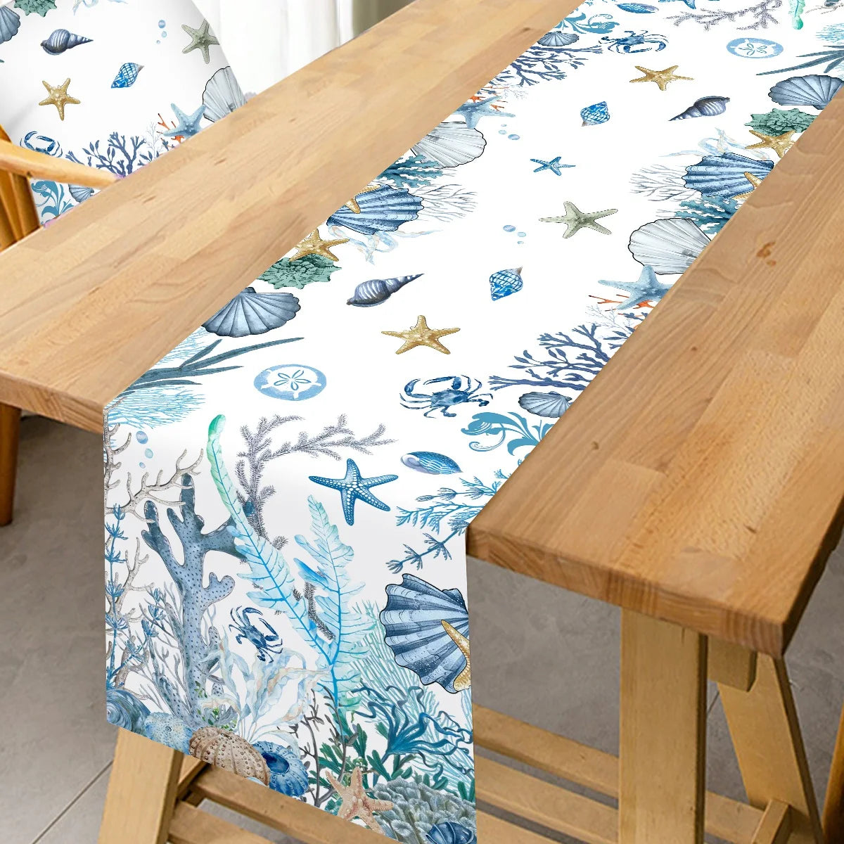 Chemin de table motif vie marine étoiles hippocampes - vue 4 sur 7
