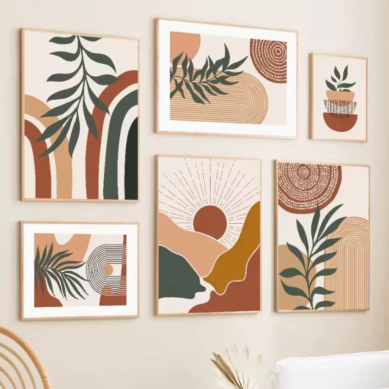 affiches abstraites boho avec feuilles soleil pour décoration murale