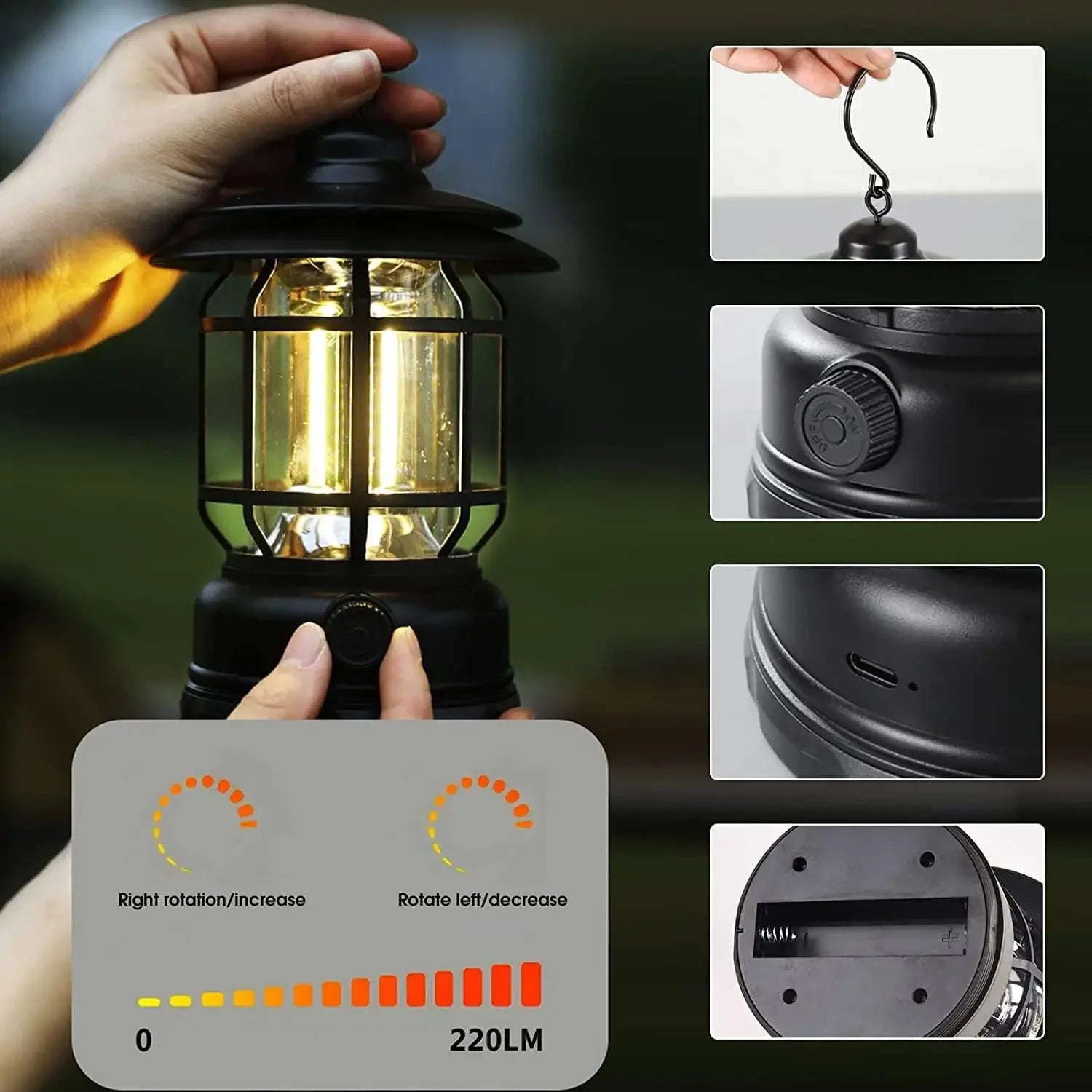 lot de 2 lanternes de camping rechargeables usb étanches pour randonnée pêche - vue 4 sur 9
