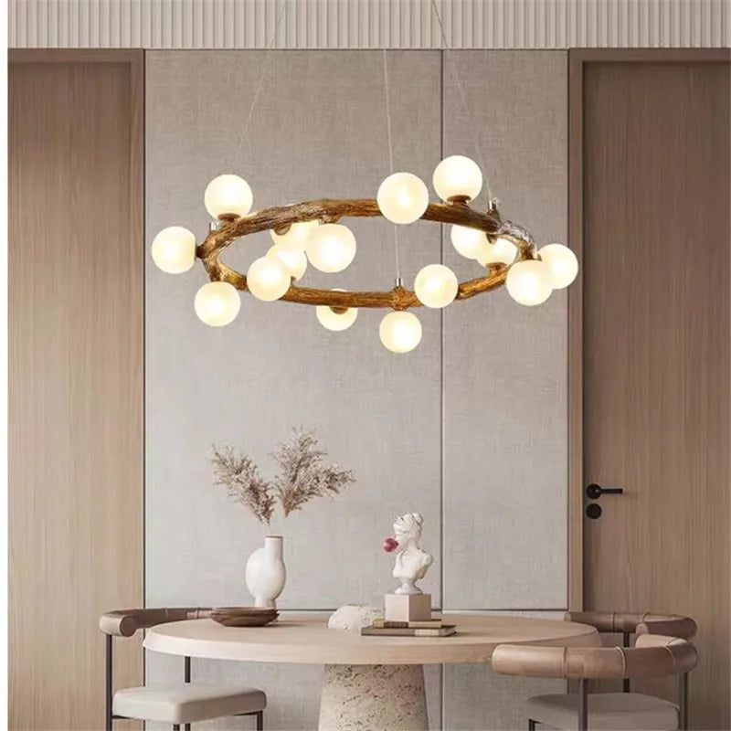 lustre nordique en bois avec anneau de personnalité et verre laiteux - vue 3 sur 11