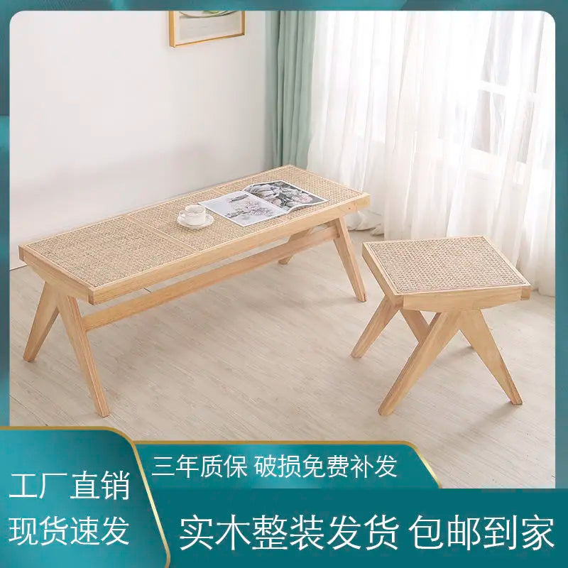 tabouret en rotin véritable style nordique pour changer de chaussures - vue 5 sur 14