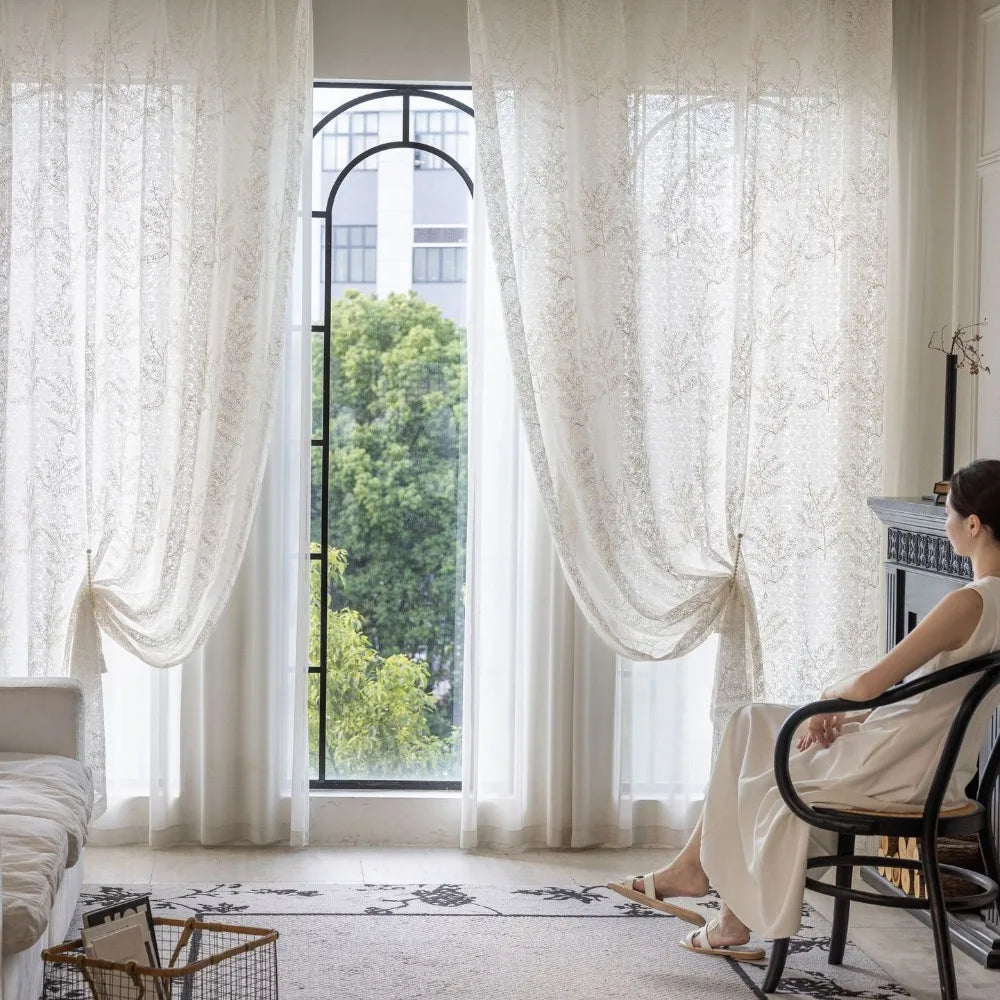 Voilage tulle brodé motifs feuilles pour salon chambre - vue 6 sur 7