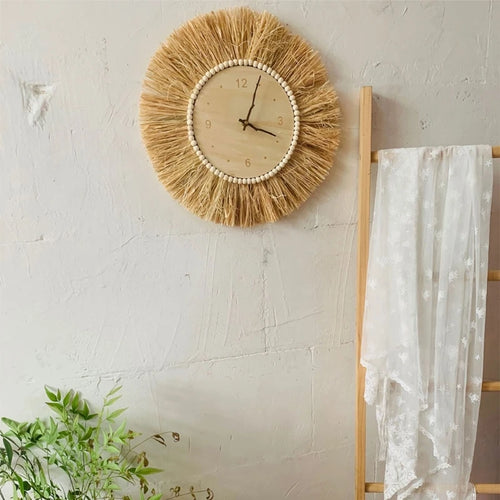 horloge murale artisanale style nordique en paille tissée avec aiguilles mobiles - vue 6 sur 7