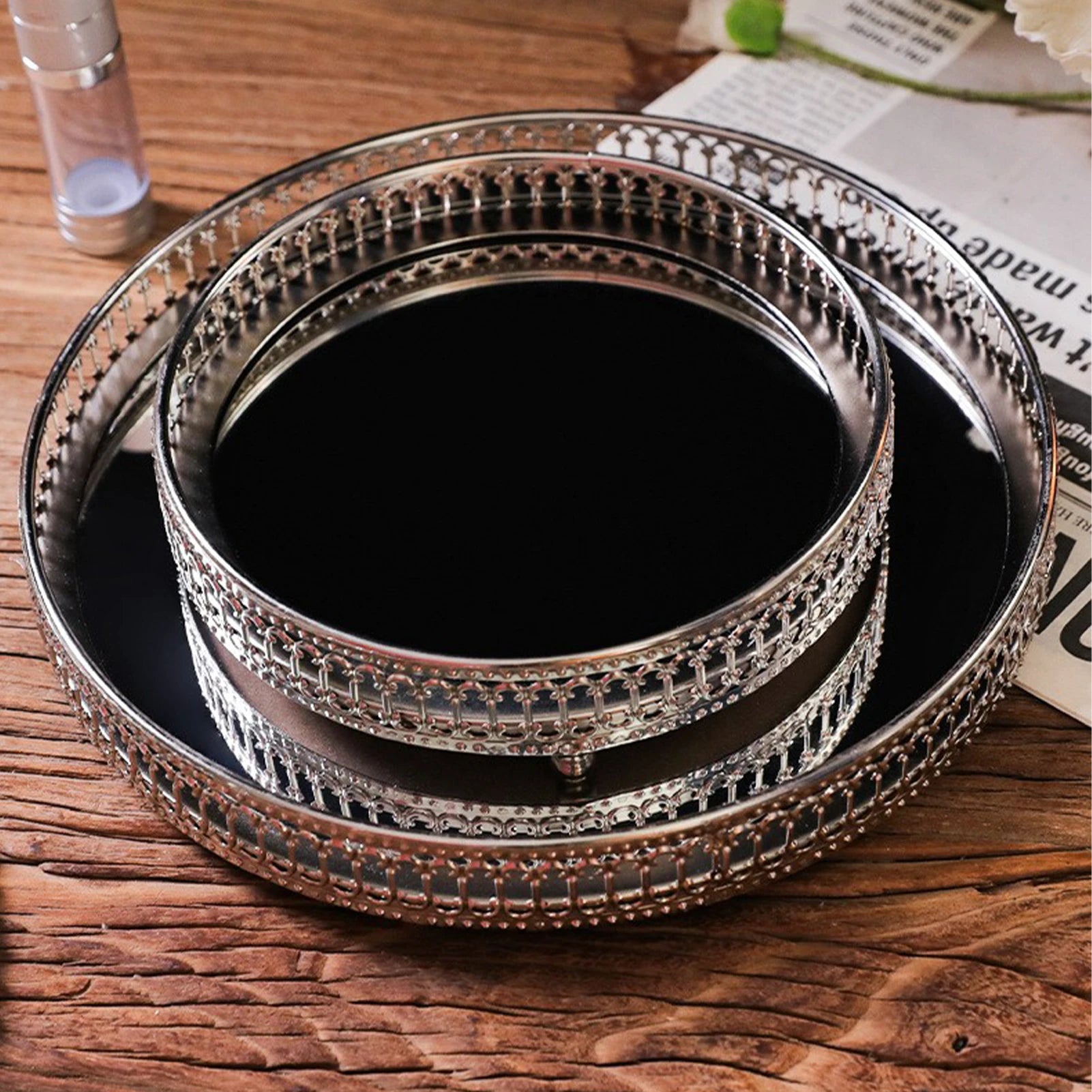 plateau de rangement en métal miroir décoratif pour cosmétiques et vaisselle - vue 5 sur 14