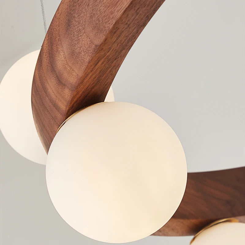 lustre rond en noyer avec ampoules en verre led moderne - vue 6 sur 9