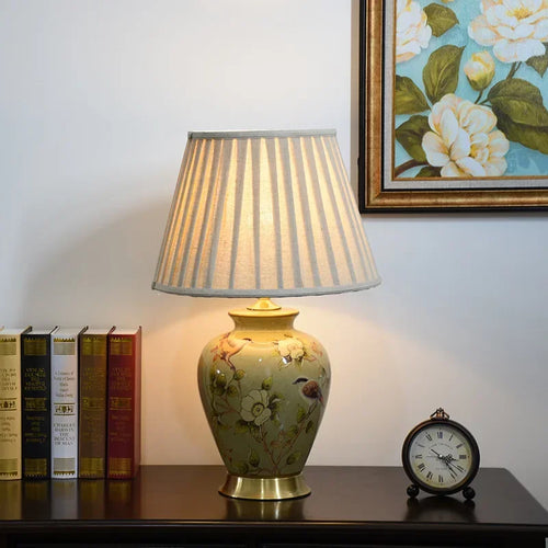 lampe de bureau nordique céramique motif fleur et oiseau - vue 3 sur 9