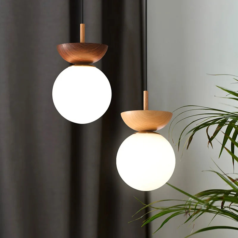 plafonnier led rond en verre avec abat jour en bois - vue 5 sur 10