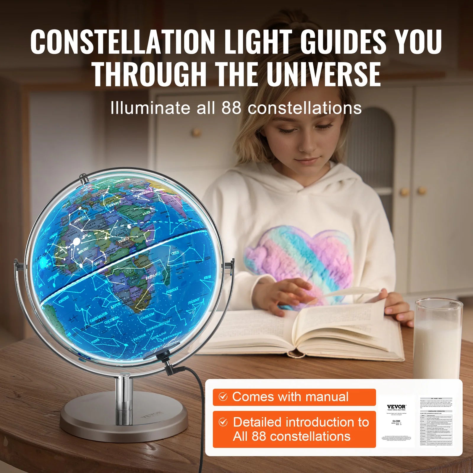 globe terrestre illuminé avec support en métal et veilleuse led - vue 4 sur 7