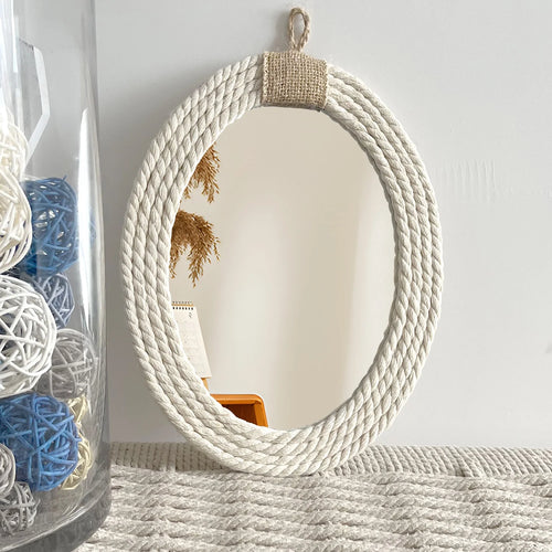 miroir ovale en corde style nautique avec frange en macramé - vue 2 sur 7