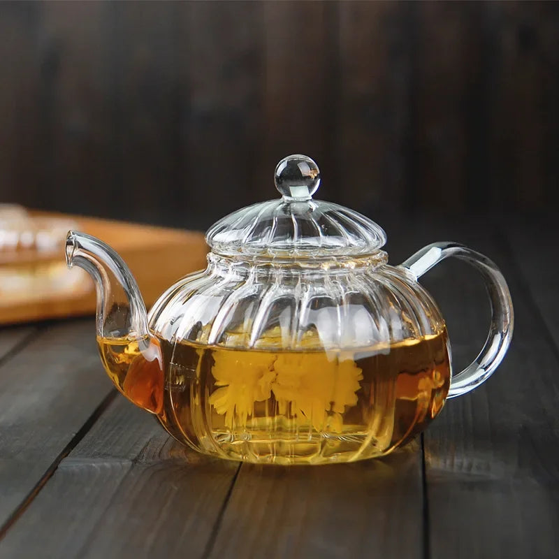 Théière citrouille fleurie rayée verre avec infuseur - vue 3 sur 7