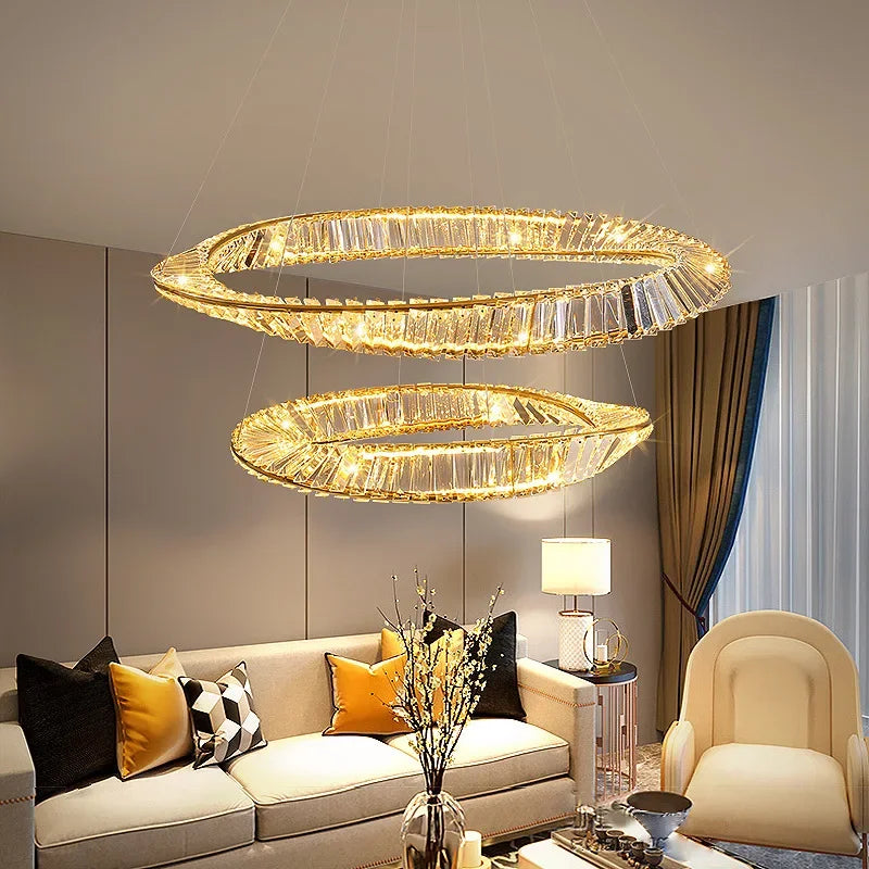 lustre moderne en cristal led avec anneau en acier décoratif - vue 4 sur 13