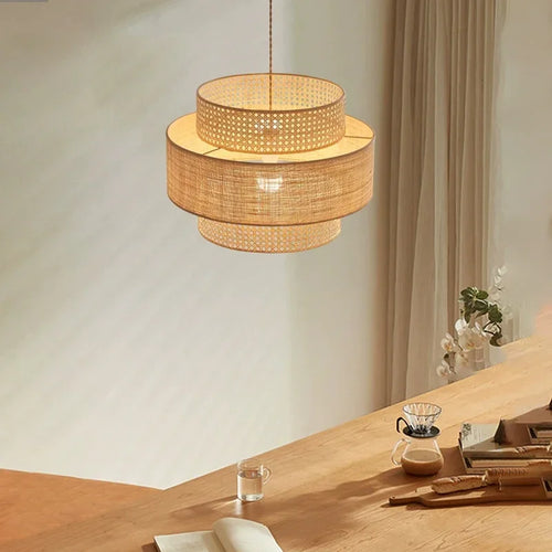 lustre à led wabi sabi en rotin pour décoration intérieure - vue 2 sur 10
