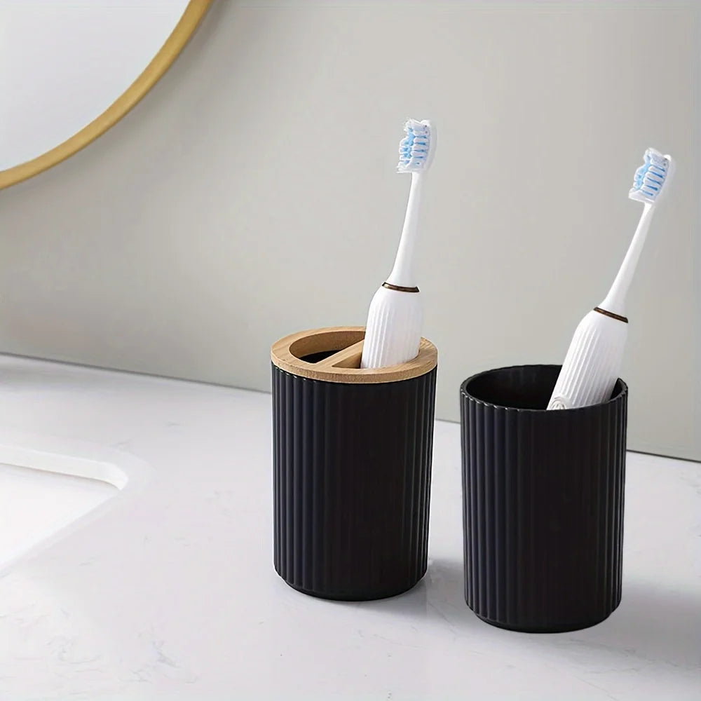 ensemble de rangement 6 pièces en plastique et bambou pour salle de bain - vue 4 sur 6