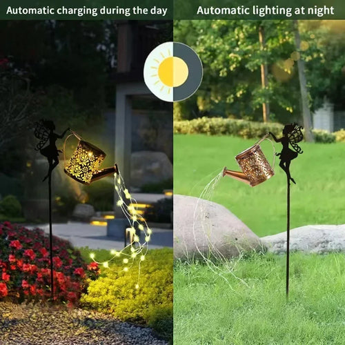 arrosoir solaire avec lumières de jardin et statues de fées