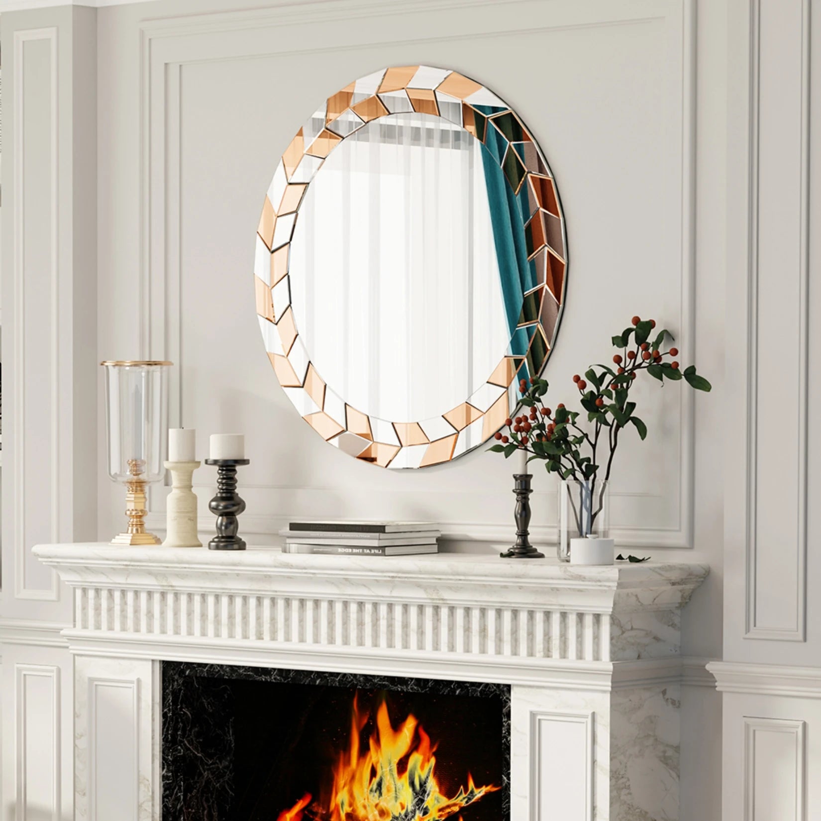 grand miroir décoratif rond avec cadre en verre biseauté style moderne - vue 4 sur 7