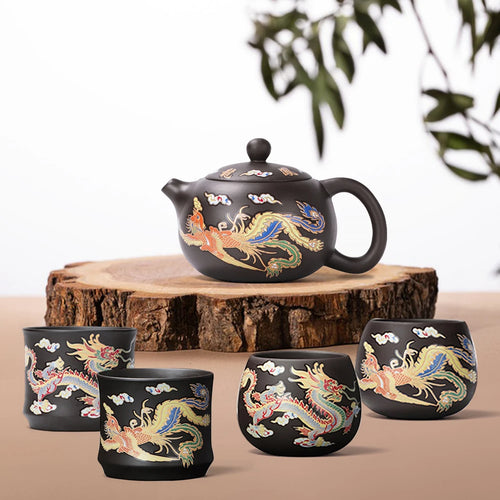 Théière gongfu argile motifs dragons phénix artisanale