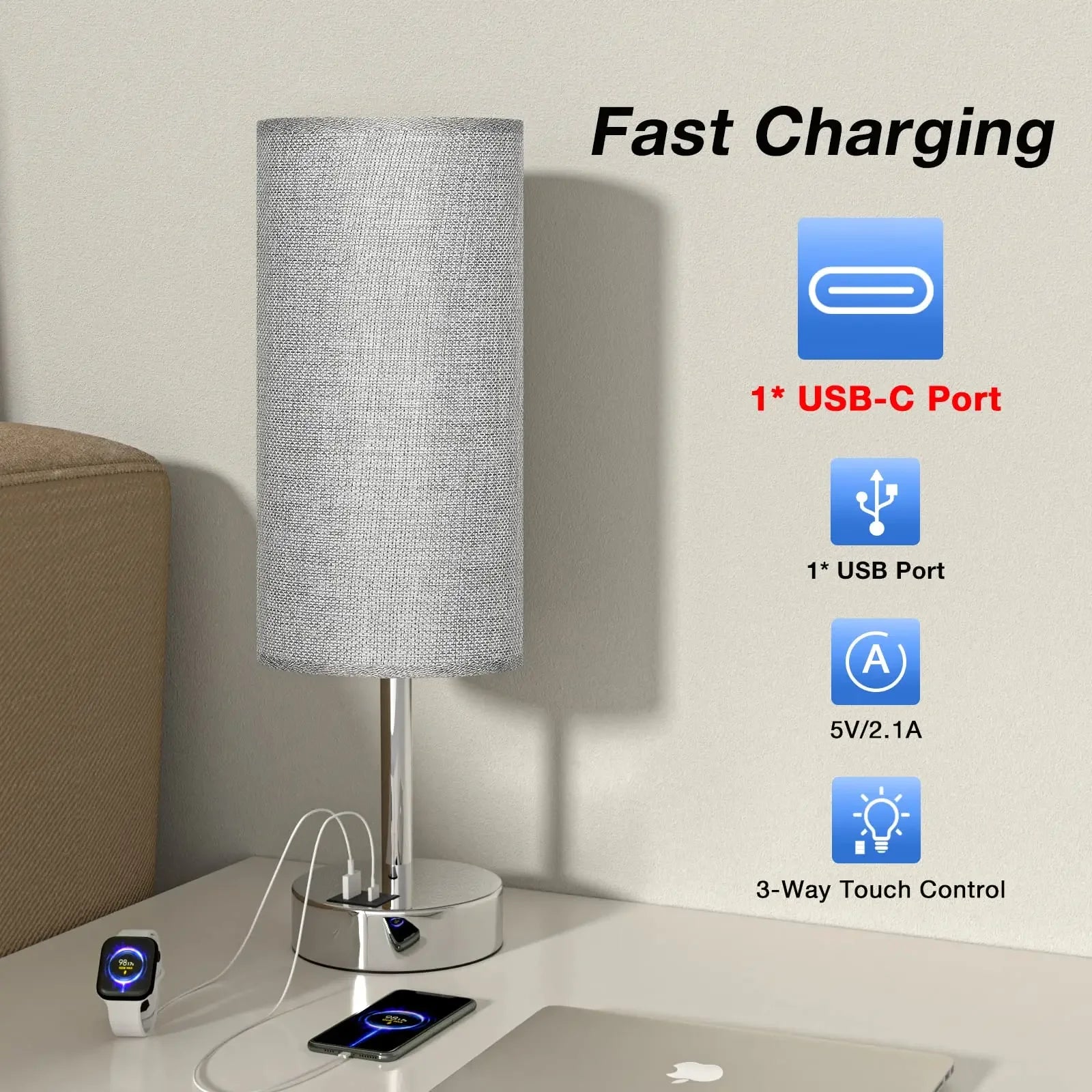Lampes de Table de chevet tactiles avec Port USB - vue 3 sur 8