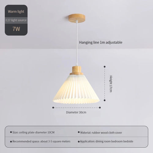 suspension moderne en tissu plissé avec base en bois - vue 13 sur 14