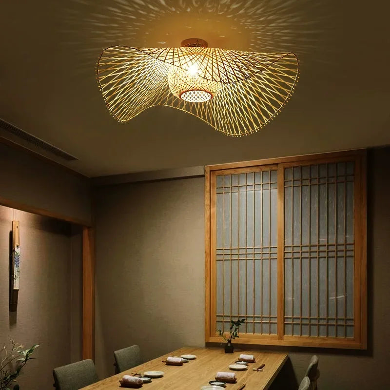 Suspension en bambou de style japonais créative pour salle à manger de restaurant E27