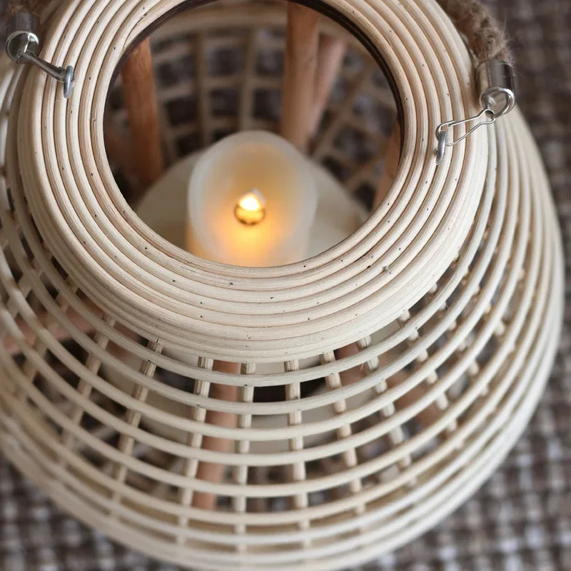 lampadaire en rotin avec chandelier et bougie électronique décorative - vue 10 sur 18