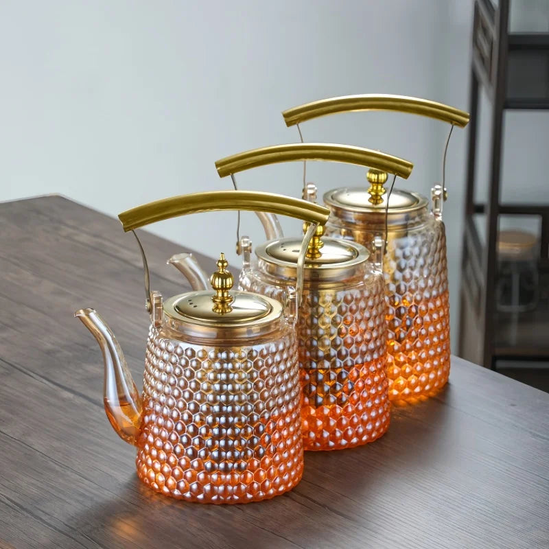 Théière japonaise verre borosilicate rétro poignée cuivre - vue 5 sur 7