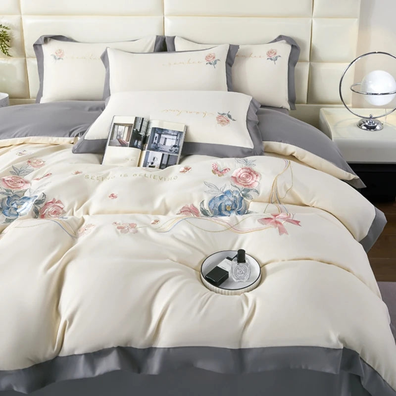 housse de couette 3 pièces élégante avec fleurs brodées