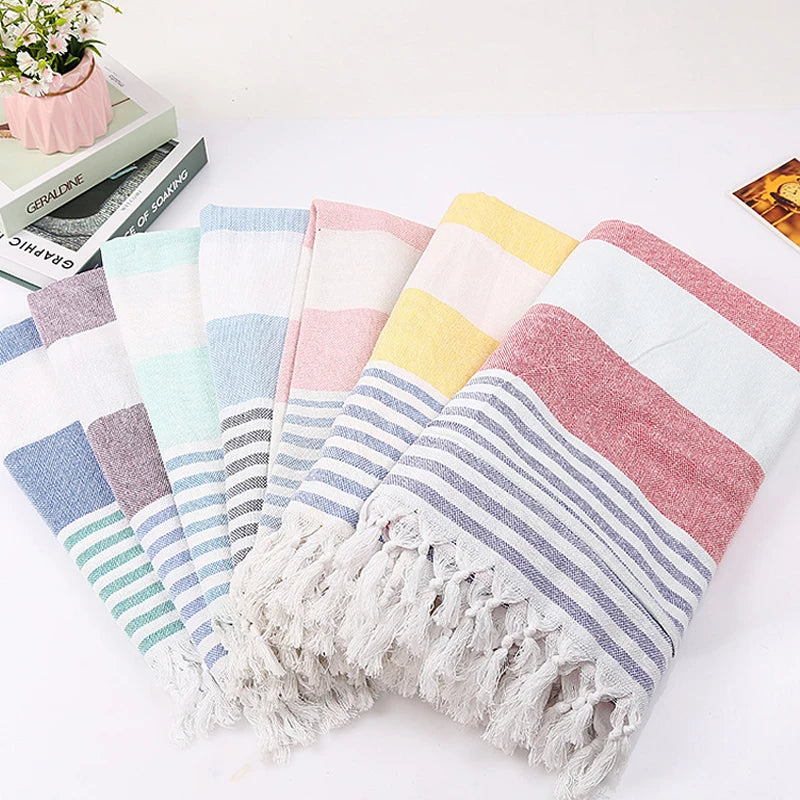 Serviette de plage turque coton franges rayures rapide - vue 2 sur 7