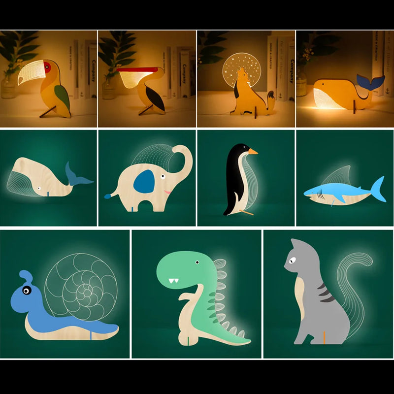 Lampe à poser Animaux LED veilleuse bois acrylique Table USB lumières décorer pour enfants bébé enfants lampe de chevet pélican Sirius baleine Toucan