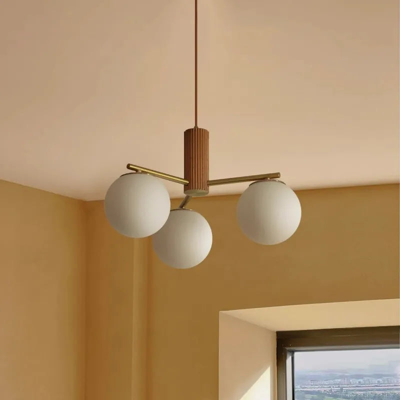 Walnut Wood Brass Round Glass, Wabi-sabi Modern Simple style, Chandelier light for Living room, Bedroom, Dining room, Study - vue 3 sur 16