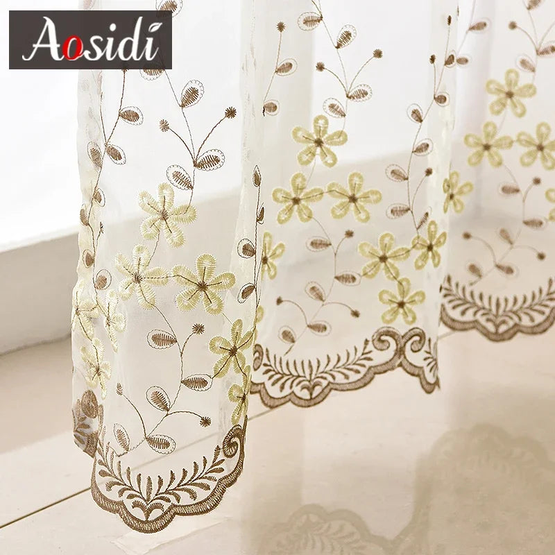 Voilage brodé fleurs style pastoral pour salon chambre