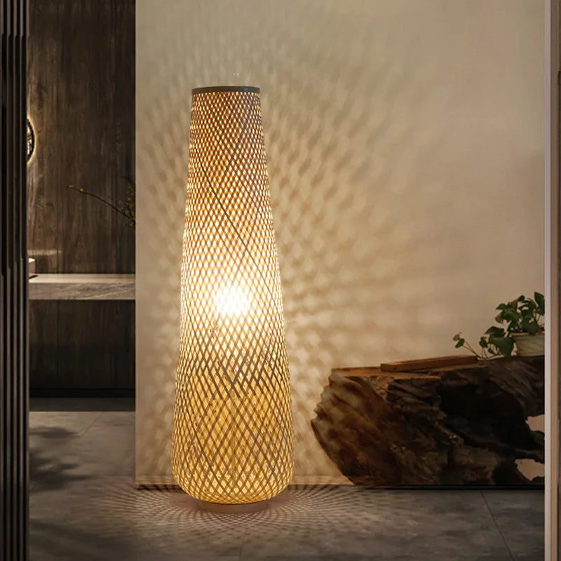 lampadaire cylindrique en bois et osier rétro tissé en bambou - vue 3 sur 9